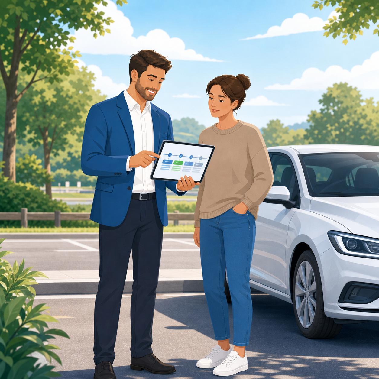 A calm adviser explaining an insurance claim timeline to a driver beside a parked car