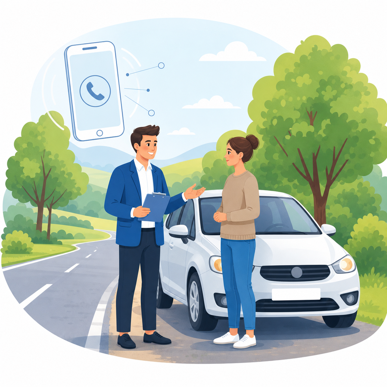 A calm adviser speaking with a driver beside a parked car after a minor accident