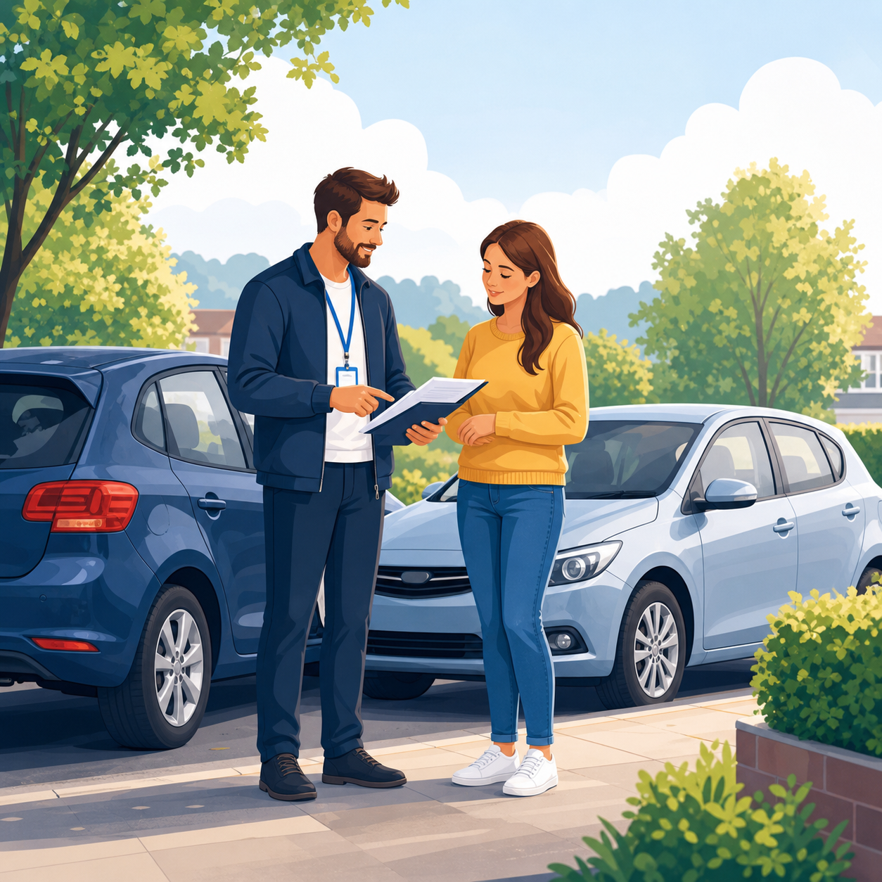 A calm adviser explaining paperwork beside parked cars