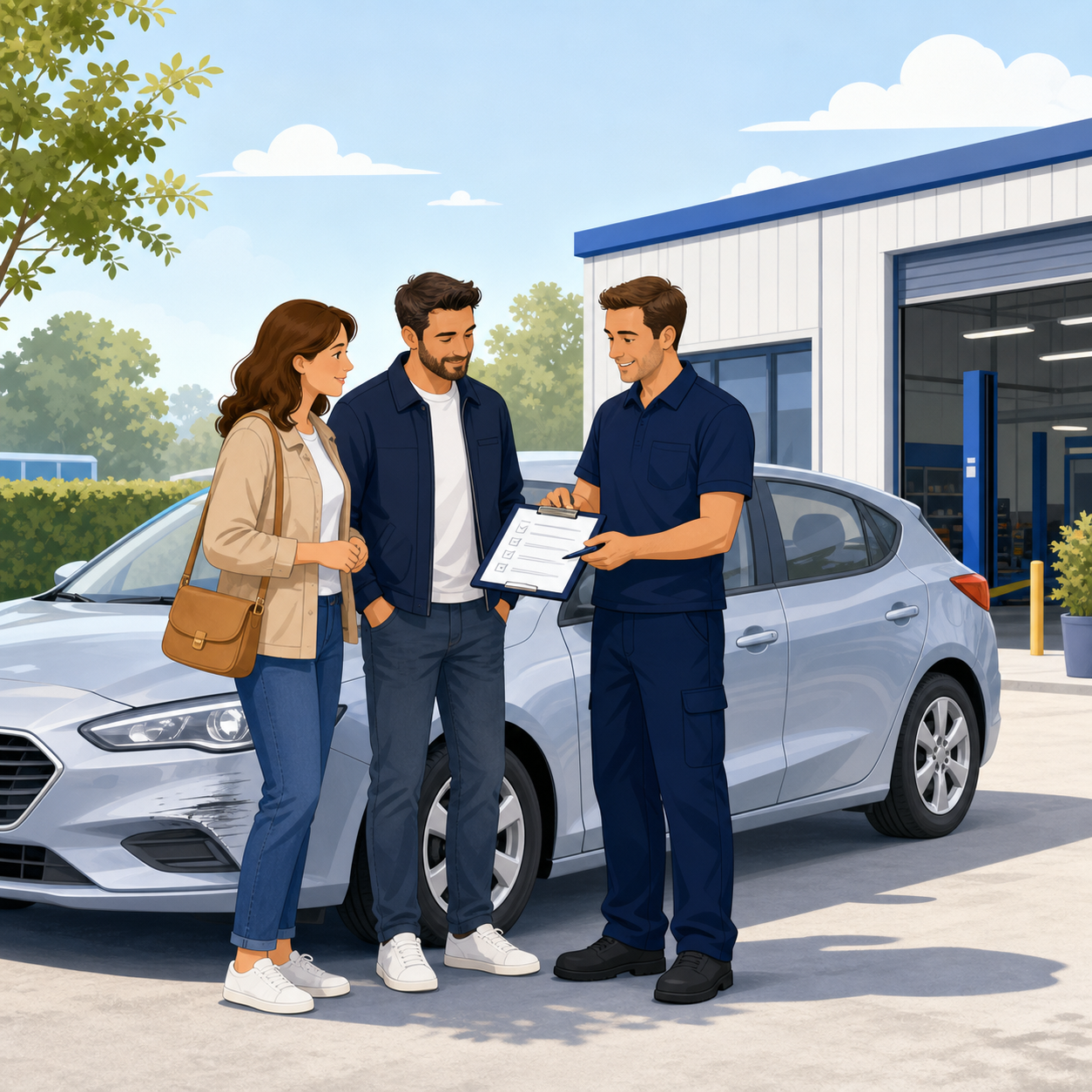 A garage technician and adviser discussing repair support with a driver