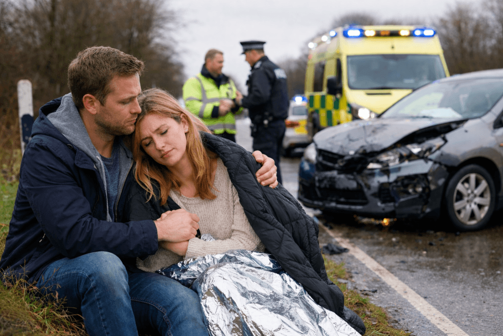 A woman and a man at the side of the road after a car accident