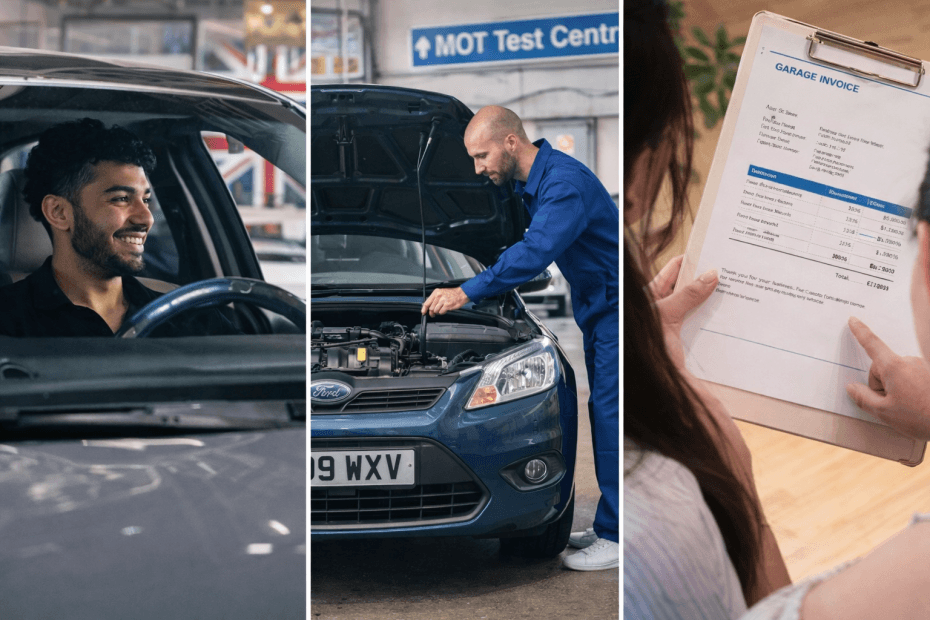 Three images showing a car going through the stages of repair
