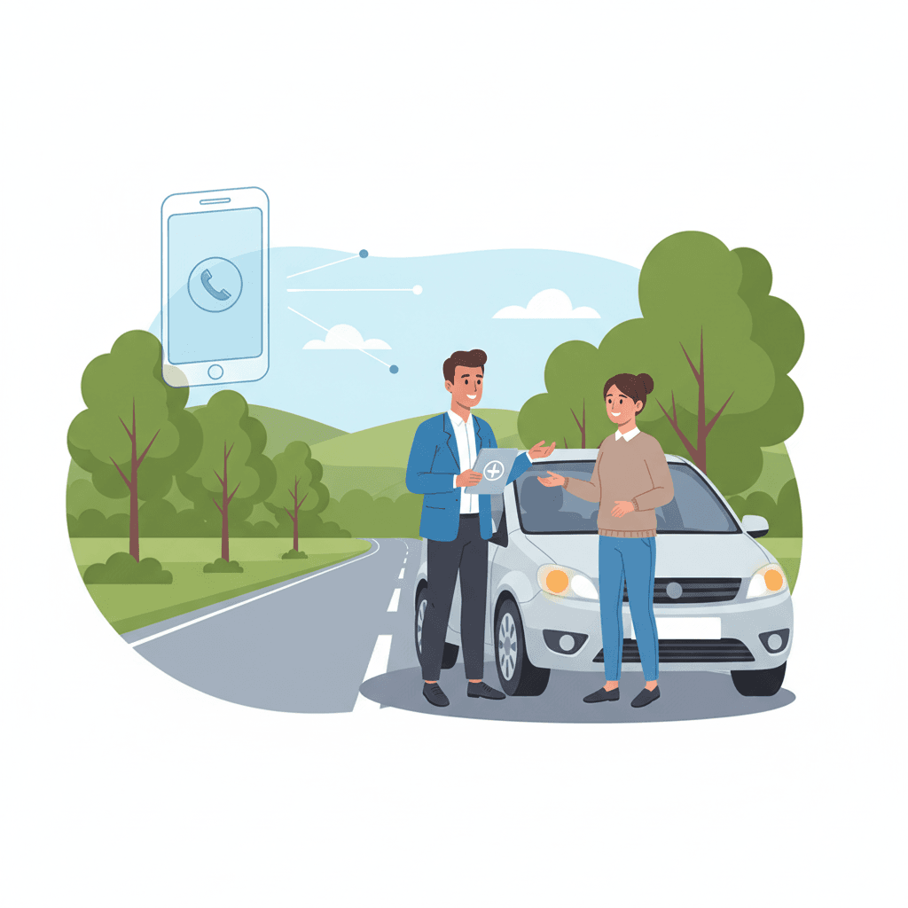 A calm adviser speaking with a driver beside a parked car after a minor accident